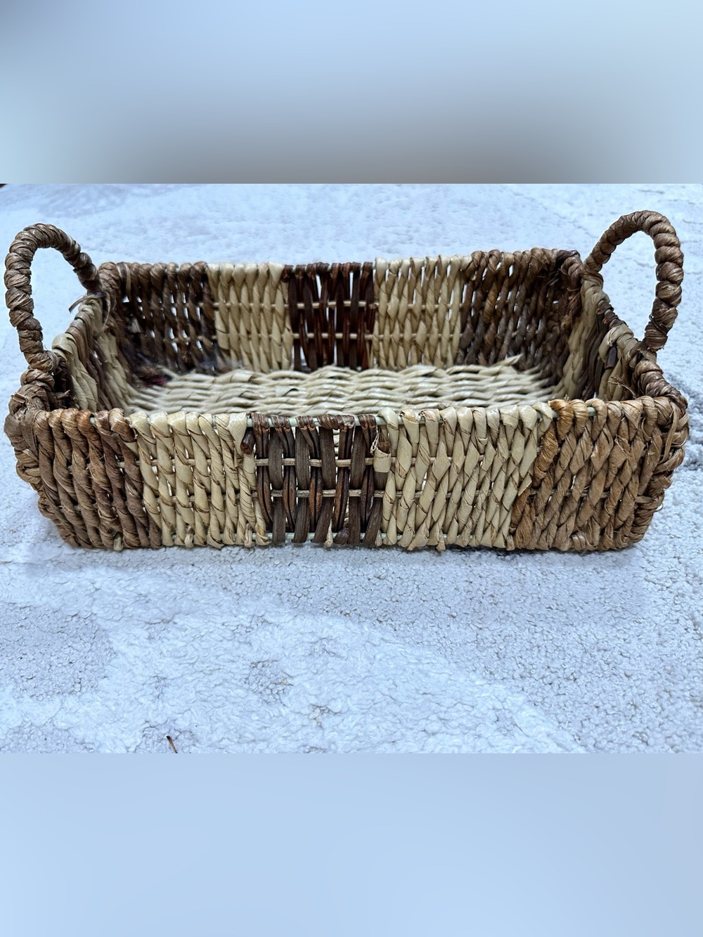 Handwoven Natural Seagrass Tray Basket with Handles - Brown & Cream